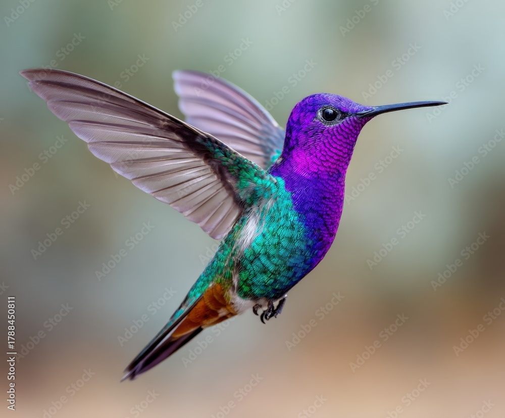 Naklejka premium Iridescent hummingbird in flight displaying vibrant colors against a soft background