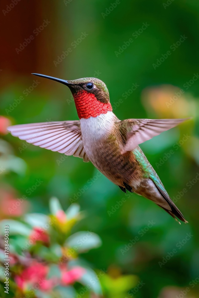 Obraz premium Iridescent hummingbird hovering near colorful flowers in a lush garden
