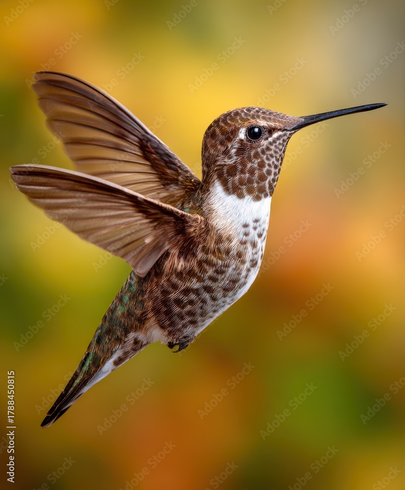 Naklejka premium Colorful iridescent hummingbird hovering in a vibrant natural setting