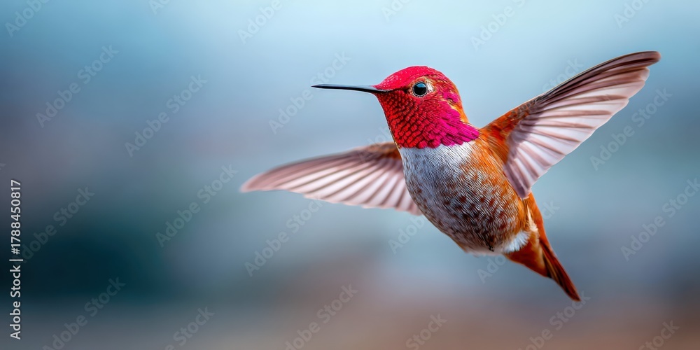 Naklejka premium Iridescent hummingbird hovering in a vibrant garden during daytime