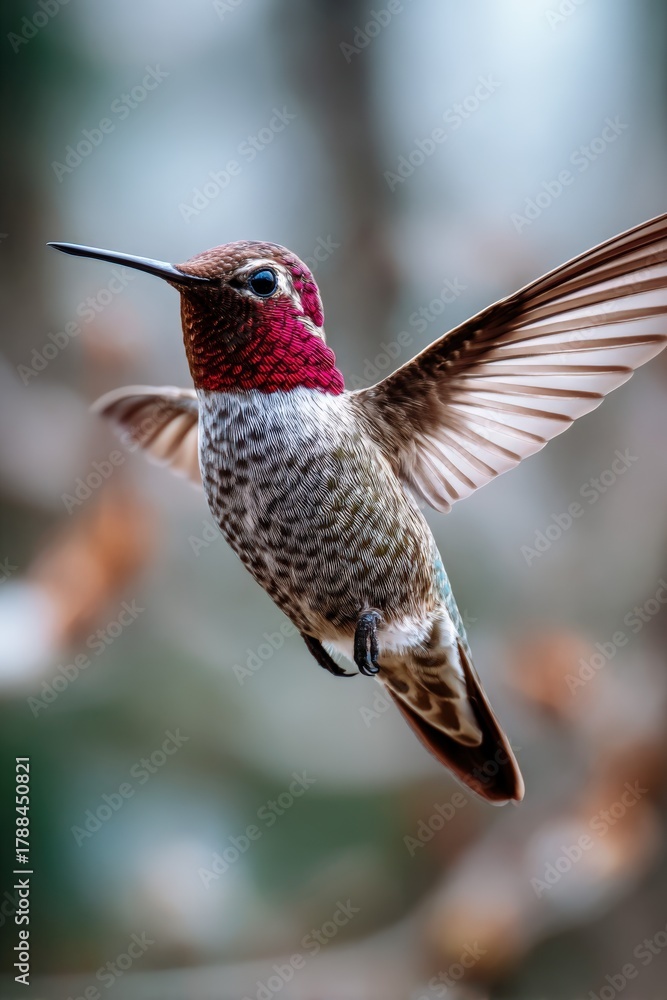 Obraz premium Iridescent hummingbird in mid-flight with colorful plumage in soft focus background