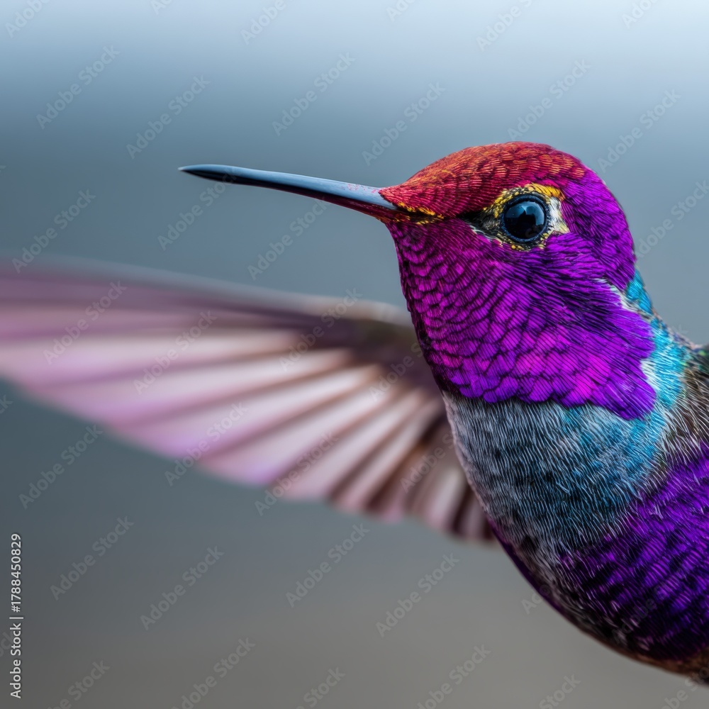 Naklejka premium Iridescent hummingbird in motion with colorful feathers near a blooming flower