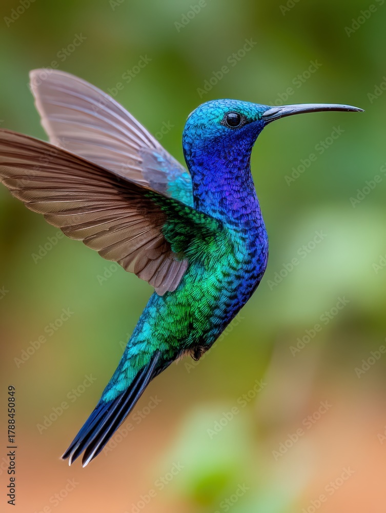 Obraz premium Iridescent hummingbird hovering near flowers in a lush green environment