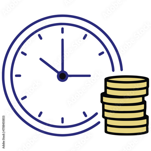 Time Money Icons, clock and coins symbol representing deadline savings financial planning investment schedule value and business economy concept for finance and productivity design