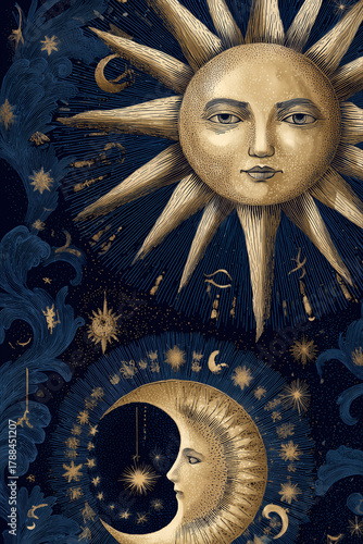 Celestial Dreams: Blue and Gold Sun & Moon Scrapbook Paper