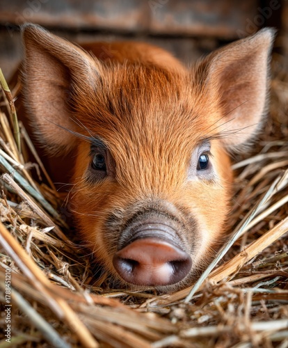 Fluffy baby pig relaxing among straw in a cozy barn environment