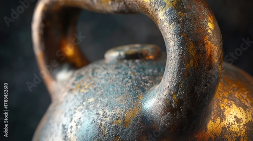 Close-up of a vintage, weathered kettlebell with a rustic, metallic texture and golden highlights.
