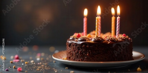 Delicious chocolate birthday cake with lit candles , photo, sweetness