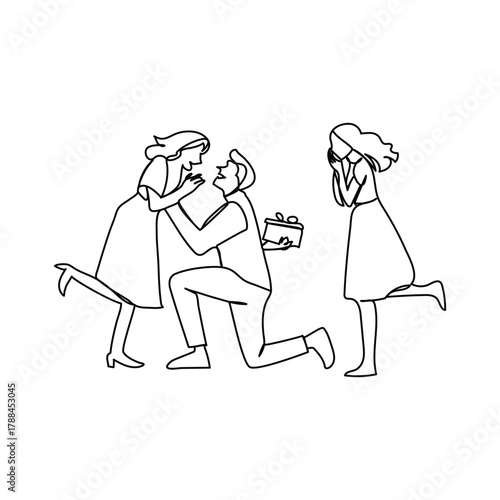 Couple in love in continuous line art drawing style. Loving man and woman standing facing each The guy makes a marriage proposal to his girlfriend
