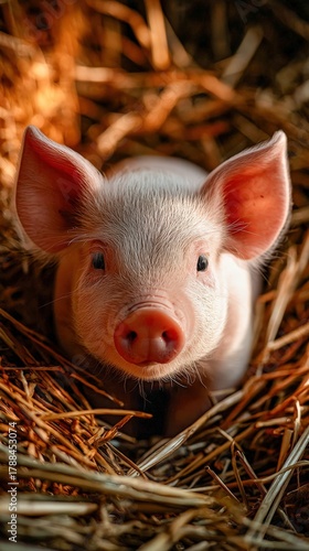 Cute piglet resting on straw in warm barn setting during daylight hours