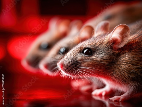 Three small mice in close-up view on a shiny surface with a red background