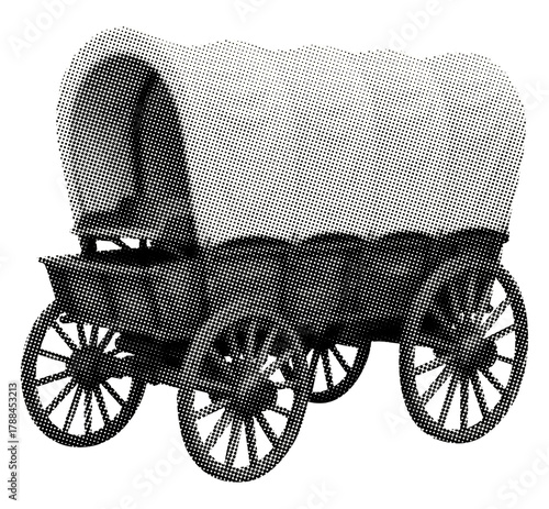covered wagon isolated retro halftone vintage dots texture cut-out collage element for mixed media design curved canvas canopy historical heritage transportation american frontier pioneer travel