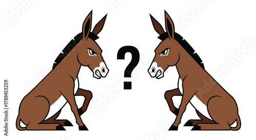 Donkey dilemma cartoon illustration question mark confrontation editable vector