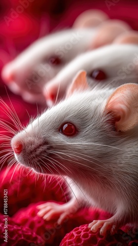 White mice close-up on a red background showcasing their curious expressions