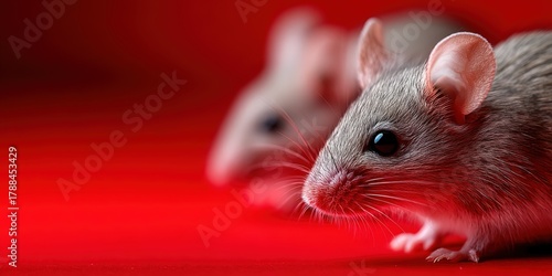 Mice exploring a vibrant red surface in a close-up setting