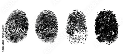 Set of black ink fingerprint marks on transparent background .fingerprint grunge texture abstract background .