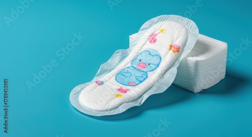 Assorted decorative adhesive stickers designed for customizing disposable infants' sanitary products, colorful and fun, close up, hygiene, childhood