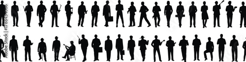 Business silhouettes, professional people, corporate poses, office workers, teamwork, leadership, mobile devices, briefcases, diversity, standing, walking, talking, communication, business attire, 