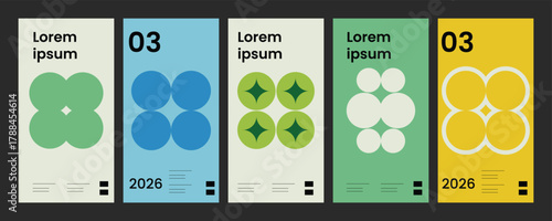 Abstract geometric shapes and numbers in a minimalist poster design with pastel colors