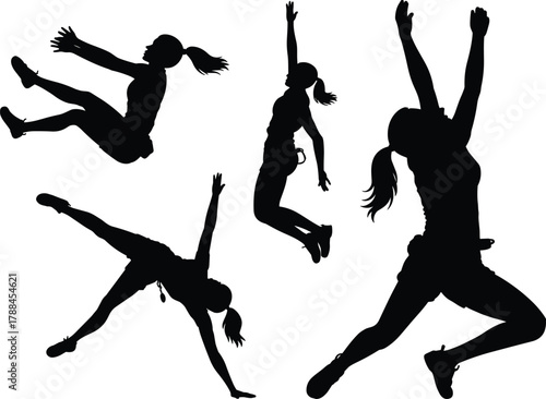 Dynamic silhouette of women jumping, energetic motion, expressive pose, ponytail movement, dance leap, athletic fall, freedom concept, black figure, white background, dramatic action**