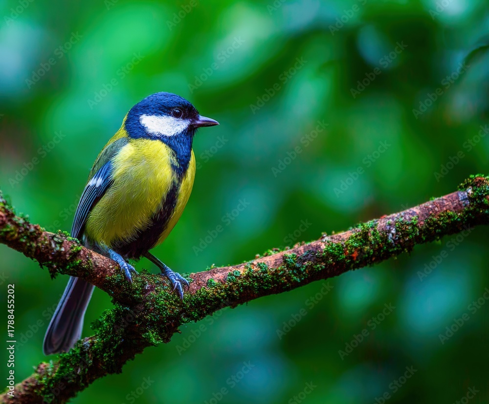 Fototapeta premium Great tit bird perched on a mossy branch in a peaceful forest setting