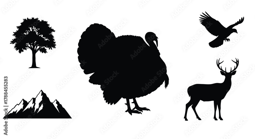Obraz premium Silhouette collection featuring a turkey deer eagle tree and mountains
