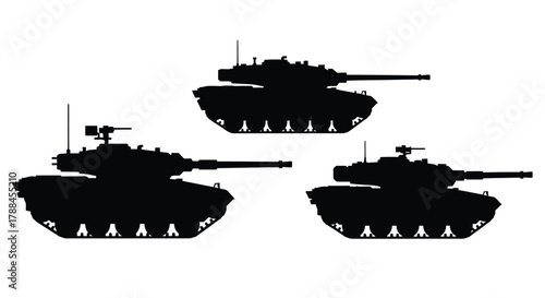 Silhouette of three military tanks in black and white side view