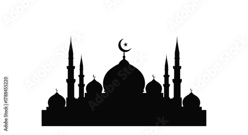 A striking silhouette of a mosque with minarets and a crescent moon