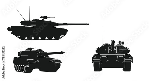Detailed silhouette views of modern military tanks in various perspectives