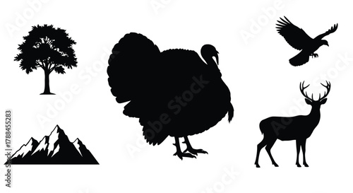 Silhouette collection featuring a turkey deer eagle tree and mountains