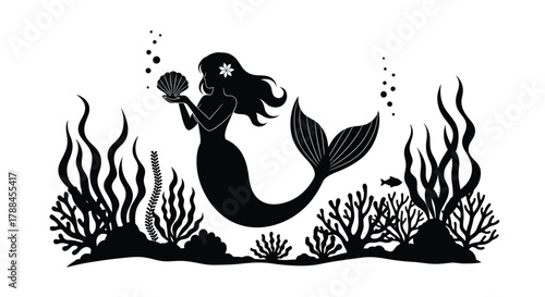 Silhouette of a mermaid holding a shell amidst ocean flora and fauna
