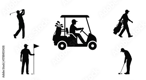 Silhouette icons depict a golfer golf cart caddie and course elements