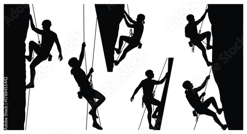 Silhouettes of rock climbers in various ascending positions against a white background