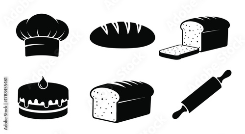 Black and white bakery icons featuring bread a chef s hat and rolling pin