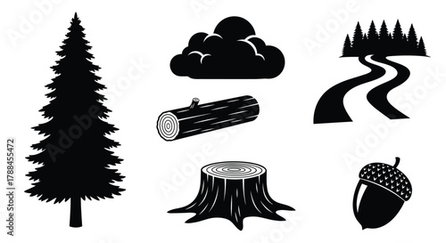 Black silhouette icons representing trees logs and forest elements