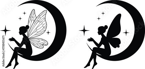 Fairy silhouette, crescent moon, magical night, fantasy art, whimsical wings, star sparkles, mystical creature, dreamy pose, enchanted illustration, celestial theme, vector design