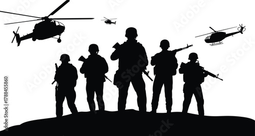 Military silhouette, armed soldiers, combat scene, tactical operation, helicopters flying, battlefield readiness, defense forces, war zone,