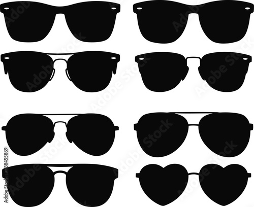 Collection of eight diverse black silhouette sunglasses on white background