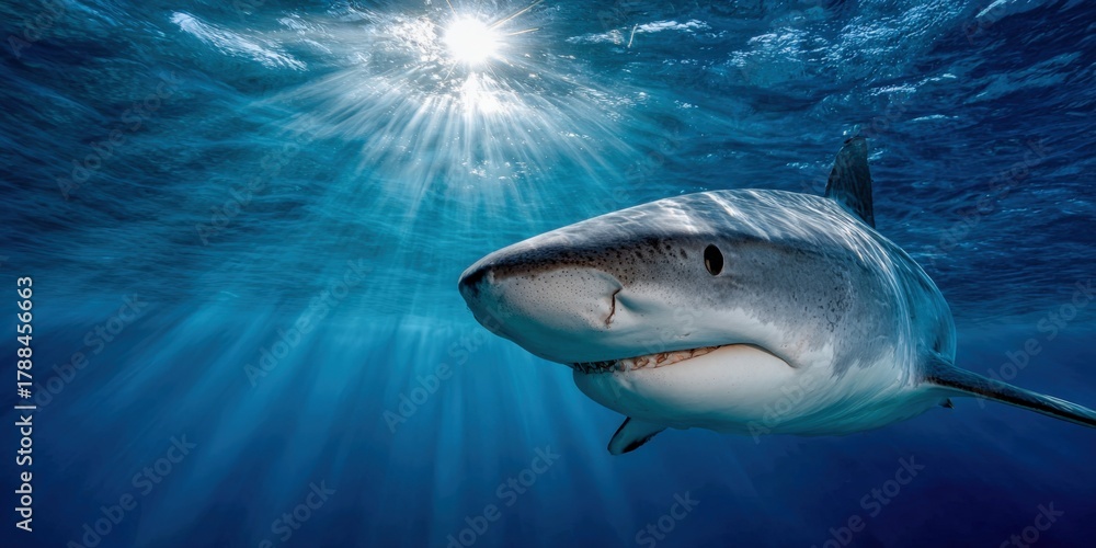 Naklejka premium Majestic shark gliding through clear ocean waters under bright sunlight