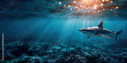 Fototapeta Naklejka Na Ścianę i Meble -  Shark gliding through clear blue waters over coral reef at midday
