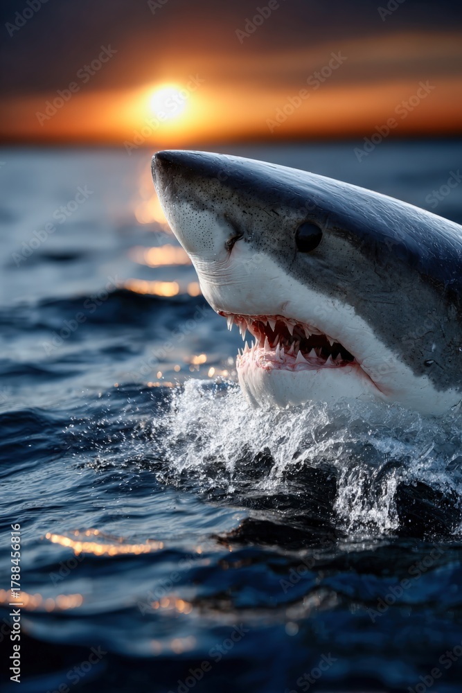 Naklejka premium Shark breaches the water at sunset near the coastline