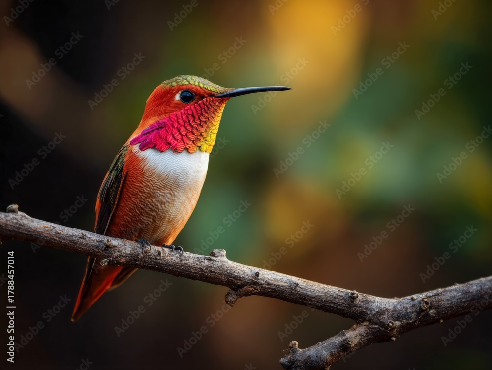 Naklejka premium Colorful hummingbird perched on a branch in a lush green environment