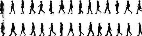Silhouette people walking, black human figures, crowd motion, walking posture, diverse body types, animation reference, human movement, pedestrian silhouettes, walking cycle, urban crowd simulation