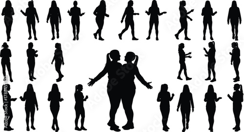 Silhouette, human poses, body language, gesture, walking, standing, interaction, communication, black figure, motion, expressive stance, isolated, dramatic, minimal, vector, design, abstract,