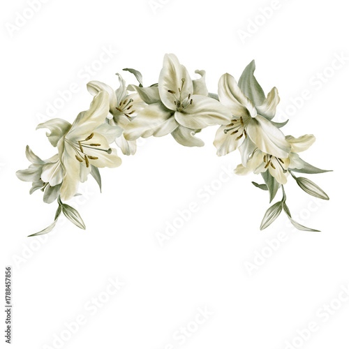 White lilies with leaves in cemicircular frame symbolizing purity,innocence,holiness communion.Hand drawn watercolor illustration for chapel ceremonies,advertisements