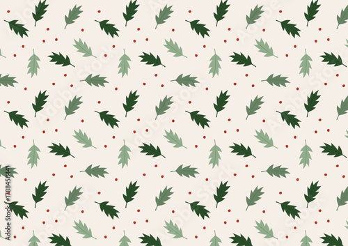 Christmas pattern with holly berry, leaves, snowflakes on green background. Scandinavian style. Perfect for winter holidays, xmas wallpaper, wrapping paper.