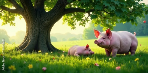 Fototapeta Naklejka Na Ścianę i Meble -  Fat pigs luxuriate in shade of giant oak; peaceful meadow scene , rest, idyllic, peaceful