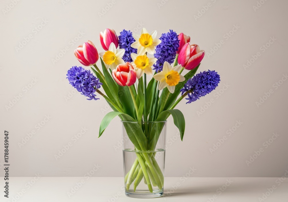 Fototapeta premium A vibrant arrangement of colorful spring blooms like tulips, daffodils, and hyacinths presented in a clear glass vase on a light background ,fresh ,white ,spring