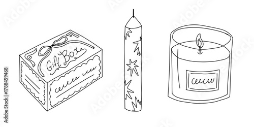 Hand-drawn naive minimalist line art of candles with flames and decorative holders, simple doodle vector illustration