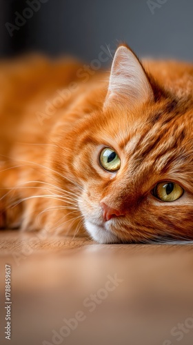 Calm orange cat resting comfortably in a cozy indoor space